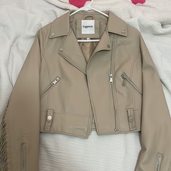 Nude/ cream faux leather biker jacket with tassel fringe size small, good as new - Picture 4 of 5